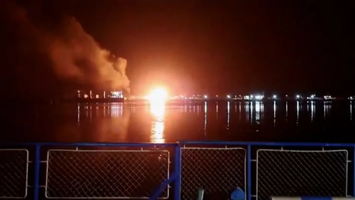 Explosions from Russian drone attack on Odesa region seen from ferry on Danube