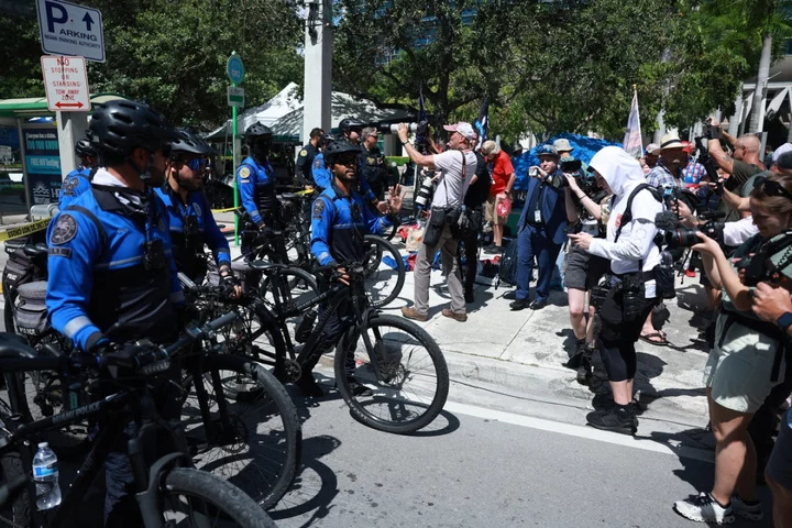 Trump’s Maga army fails to materialise outside of Miami federal court for ex-president’s arraignment