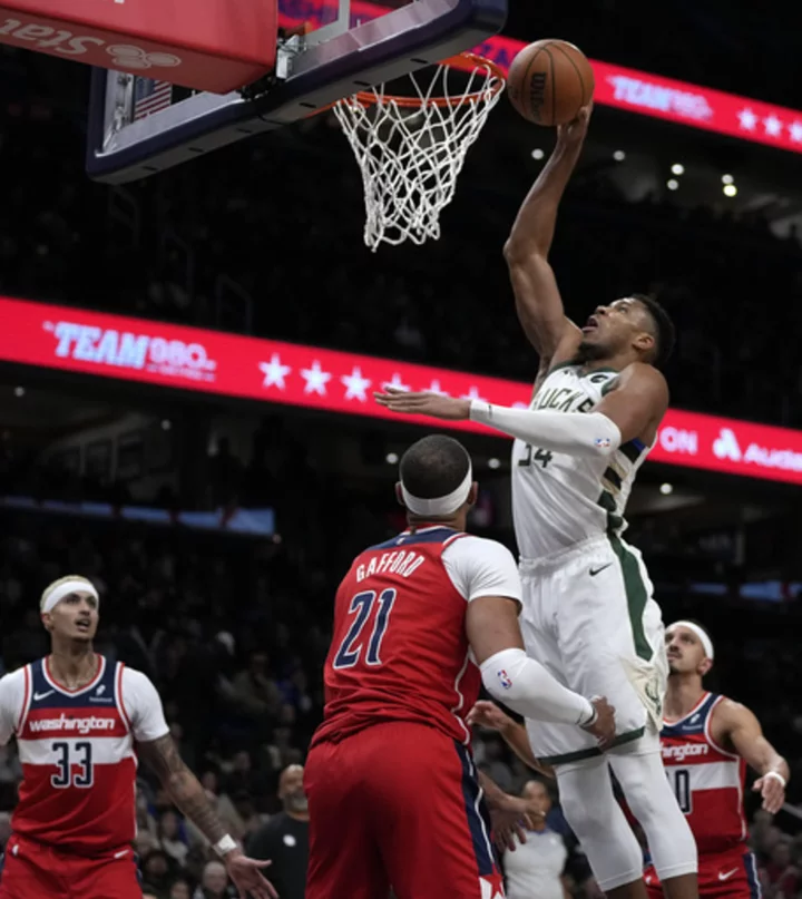 Antetokounmpo scores 42 on 20-of-23 shooting, leading the Bucks to a 142-129 win over the Wizards